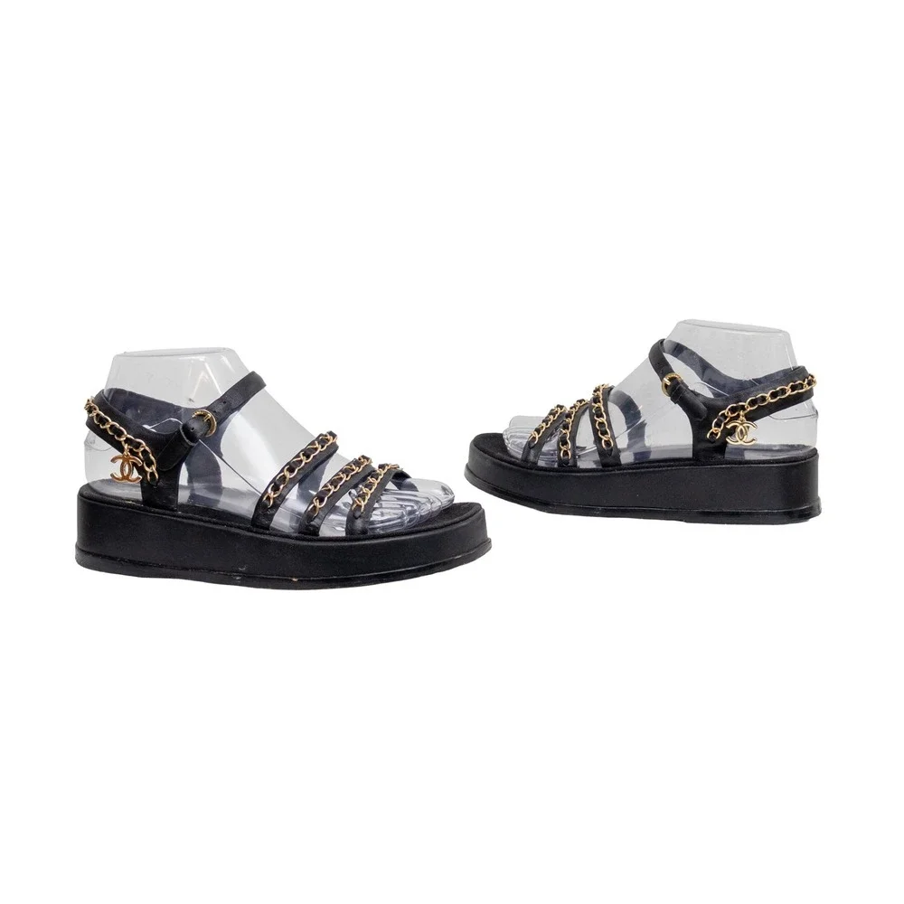 Chanel Black Leather Chain Link Platform Sandals CC Logo G37140 Size 36C